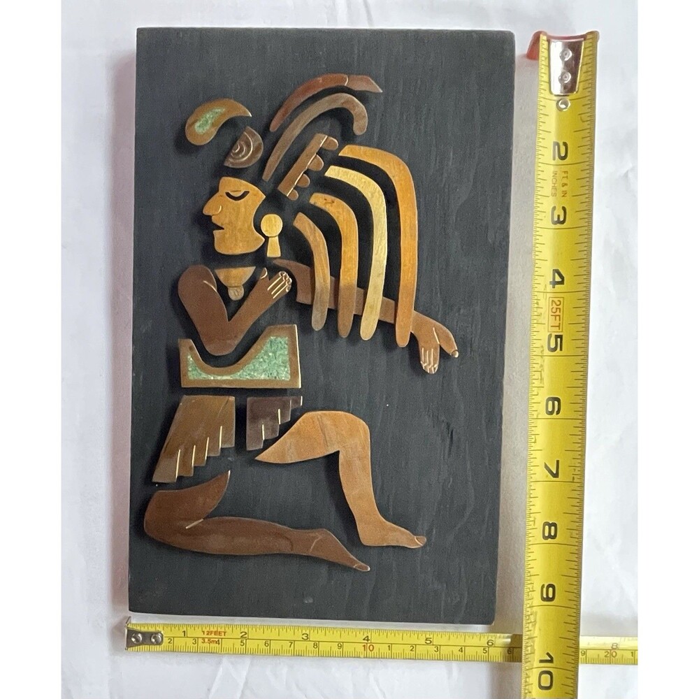 Aztec Mayan Warrior Copper Brass Turquoise Mixed Metal Wall Plaque 9" - Picture 4 of 7